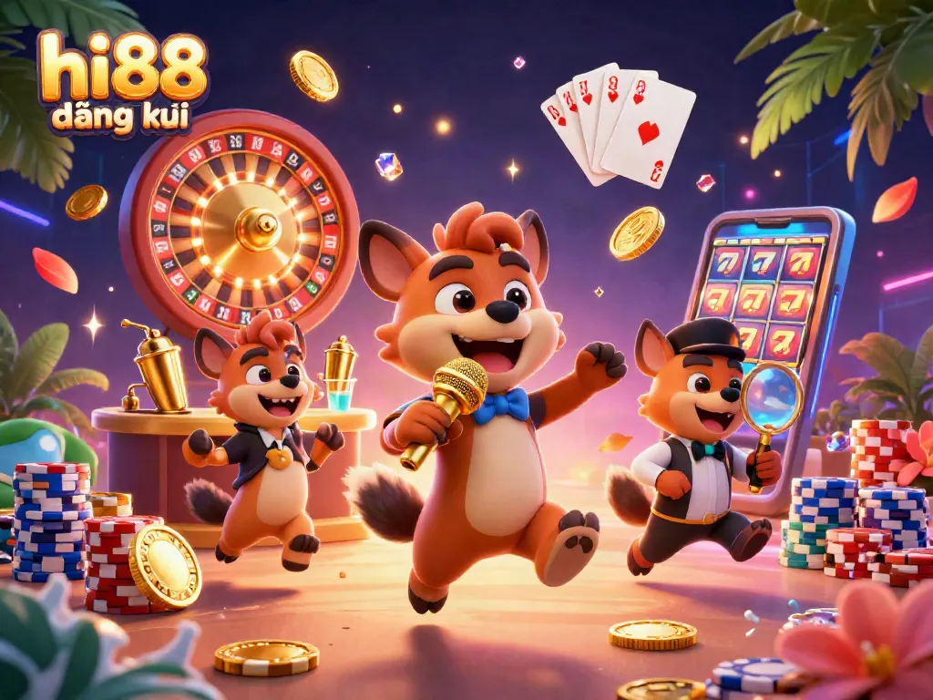 Experience the comedy and excitement of hi88 đăng ký with hyena characters in a lively casino scene, featuring gambling elements.