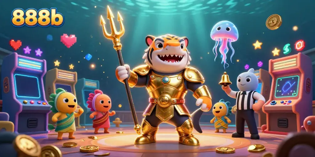 Engage with thrilling 888b underwater gambling illustration featuring a tiger shark and immersive game elements.