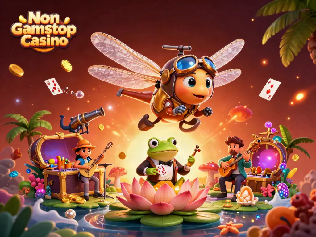 Experience the thrill of gameplay at a Non Gamstop Casino, featuring vibrant characters like a dragonfly pilot and frog croupier.