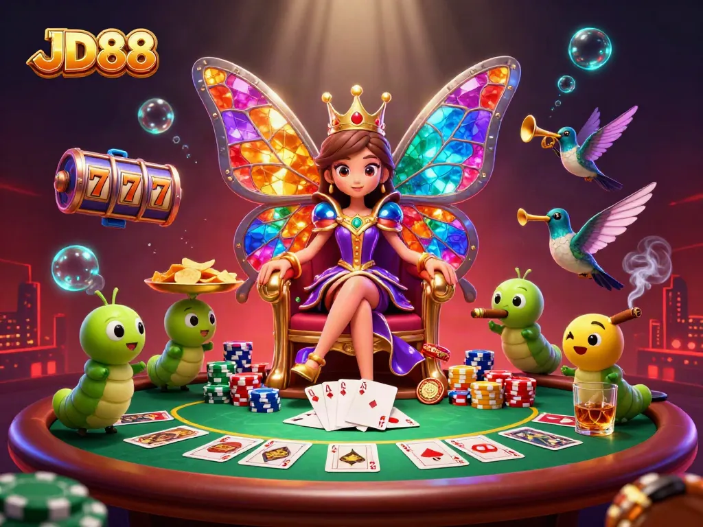 Join in the excitement of JD88 online gaming with a colorful, vibrant casino illustration featuring a butterfly queen and poker elements.
