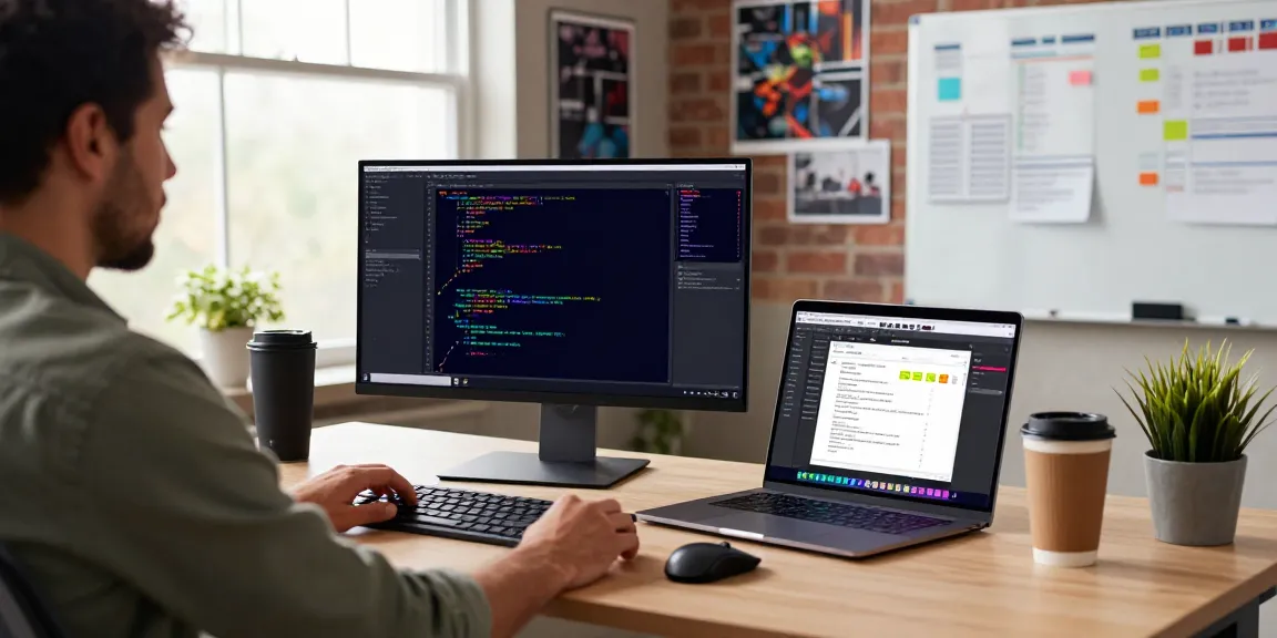Workspace for sponsored software articles featuring a developer coding at modern office desk with dual monitors.