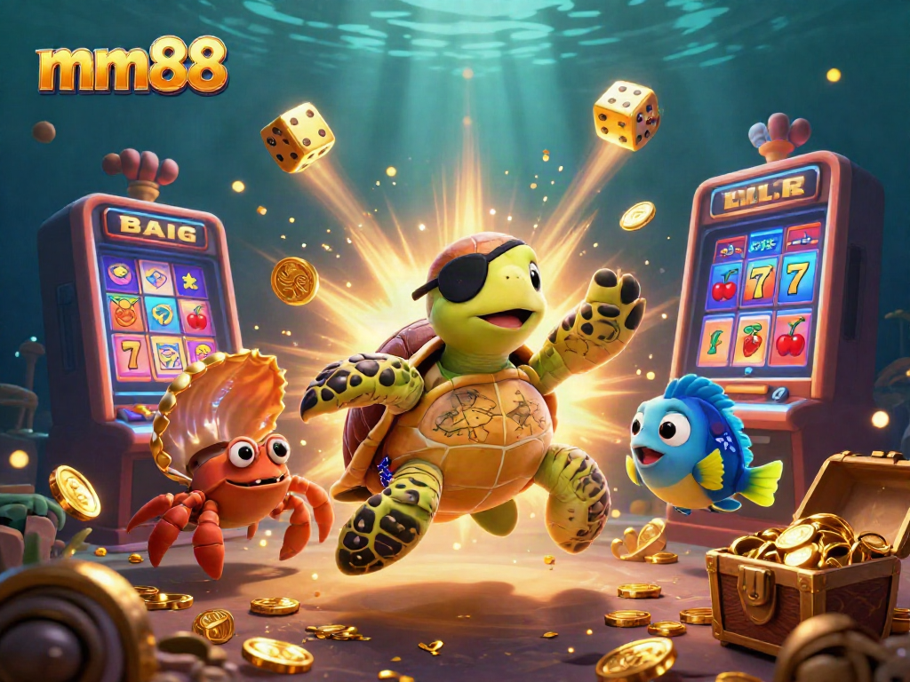 Engage in thrilling games with mm88's colorful underwater casino scene featuring vibrant characters and dynamic game elements.