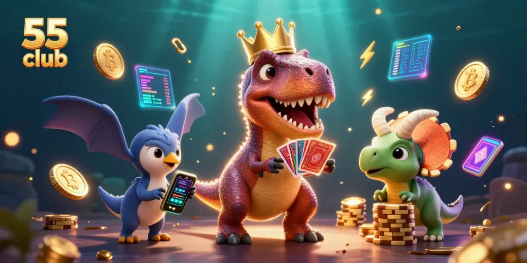 Engage in thrilling gaming at 55 club with T-Rex and friends amidst vibrant, dynamic casino elements.
