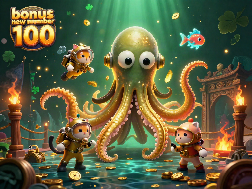 Engage with the bonus new member 100 offer in a vibrant 3D casino scene featuring a kraken and diving cat.