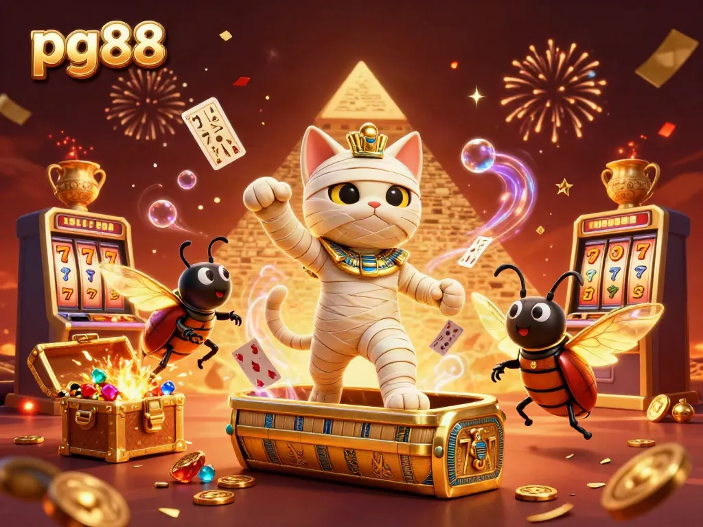 pg88 features an Egyptian mummy cat and glowing scarab in a vibrant casino scene.