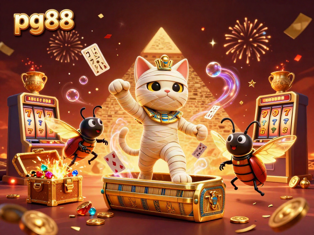 pg88 features an Egyptian mummy cat and glowing scarab in a vibrant casino scene.