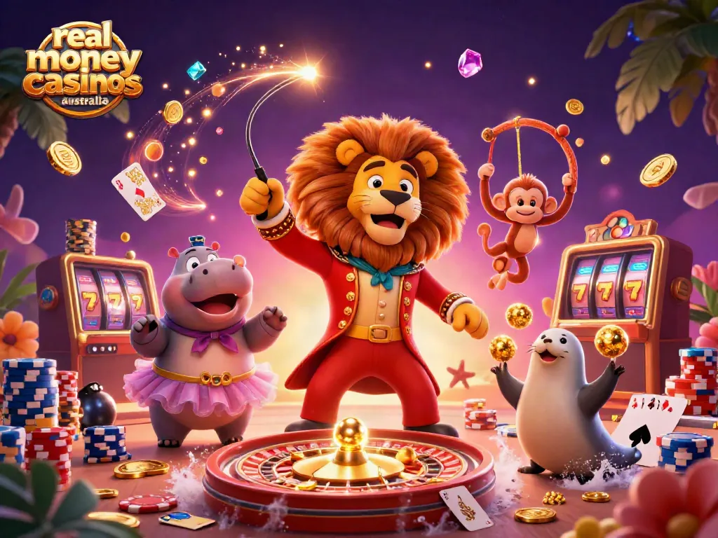 Experience thrilling fun at real money casinos Australia with colorful characters and dynamic casino elements.