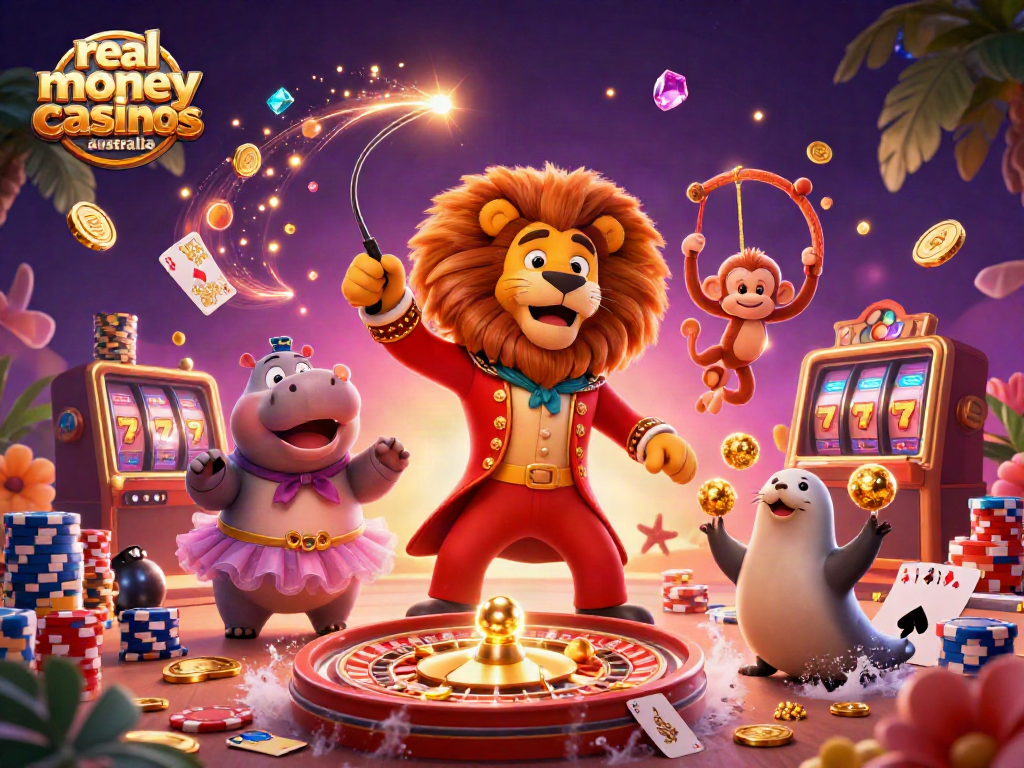 Experience thrilling fun at real money casinos Australia with colorful characters and dynamic casino elements.