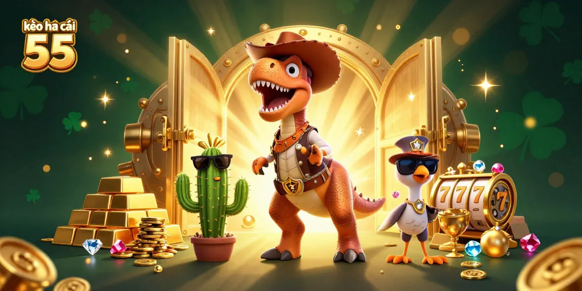 Engage with kèo nhà cái 55 through an exciting illustration featuring a cowboy T-Rex, cactus, and more in a vibrant casino setting.