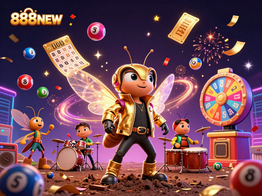 Experience vibrant action in the 888NEW lottery scene with colorful elements and energetic characters.