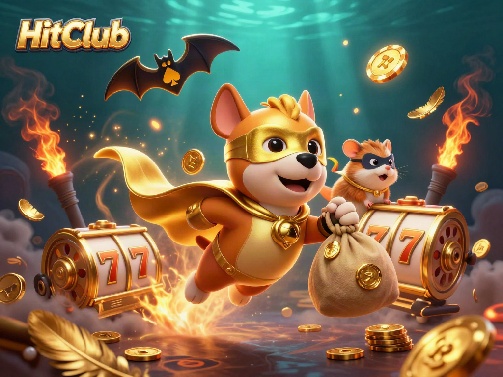 HitClub showcases thrilling slot action with a superhero dog amid gold coins and vibrant game elements.
