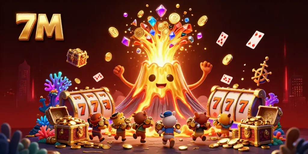 Engage with thrilling 7M casino gameplay as the golden volcano spills coins and treasures.