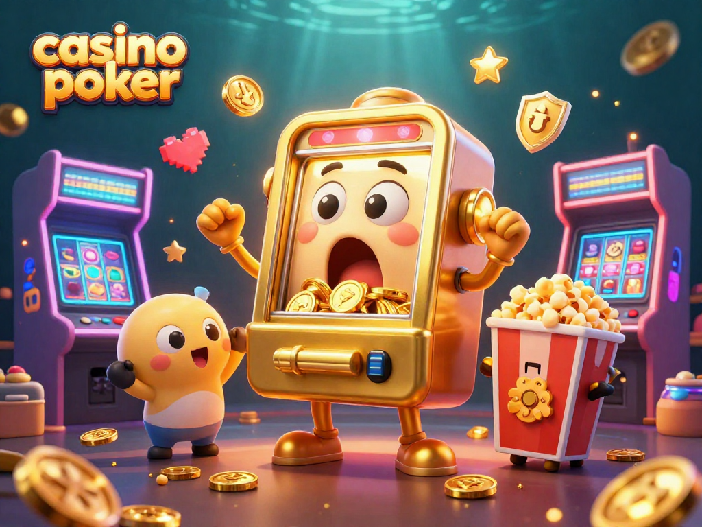 Experience casino poker excitement as the golden slot machine hits a jackpot, surrounded by cheering machines and gaming elements.