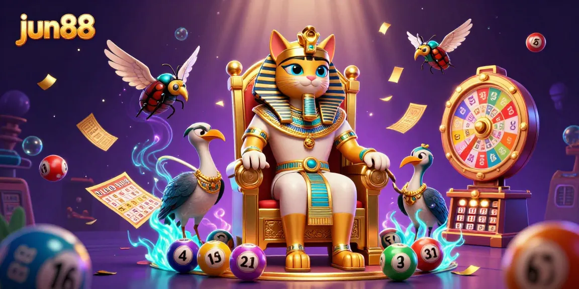 Create winning strategies with jun88, featuring a lively scene of a pharaoh cat and friends surrounded by dynamic gaming elements.