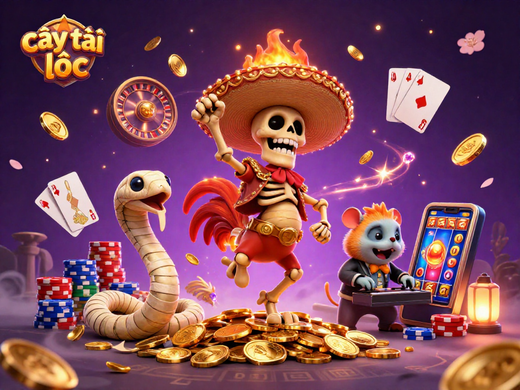 Catching jackpots in cây tài lộc game with vibrant characters and golden coins flying in a casino for gamblers.