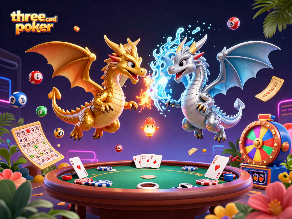 Engage in three card poker action with dynamic dragons and vibrant casino elements.