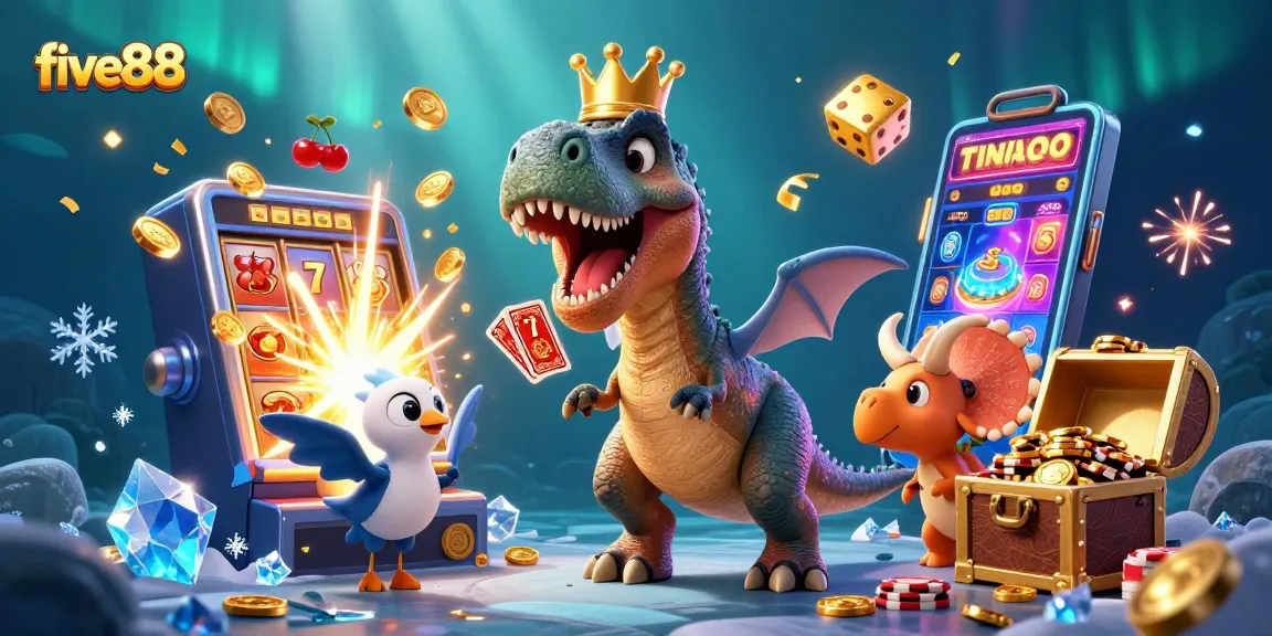 Join five88's lively casino scene where playful dinosaurs engage in thrilling games and jackpots!
