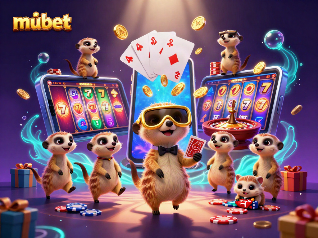 Engage with Mubet's vibrant casino scene featuring meerkats managing a playful slot game.