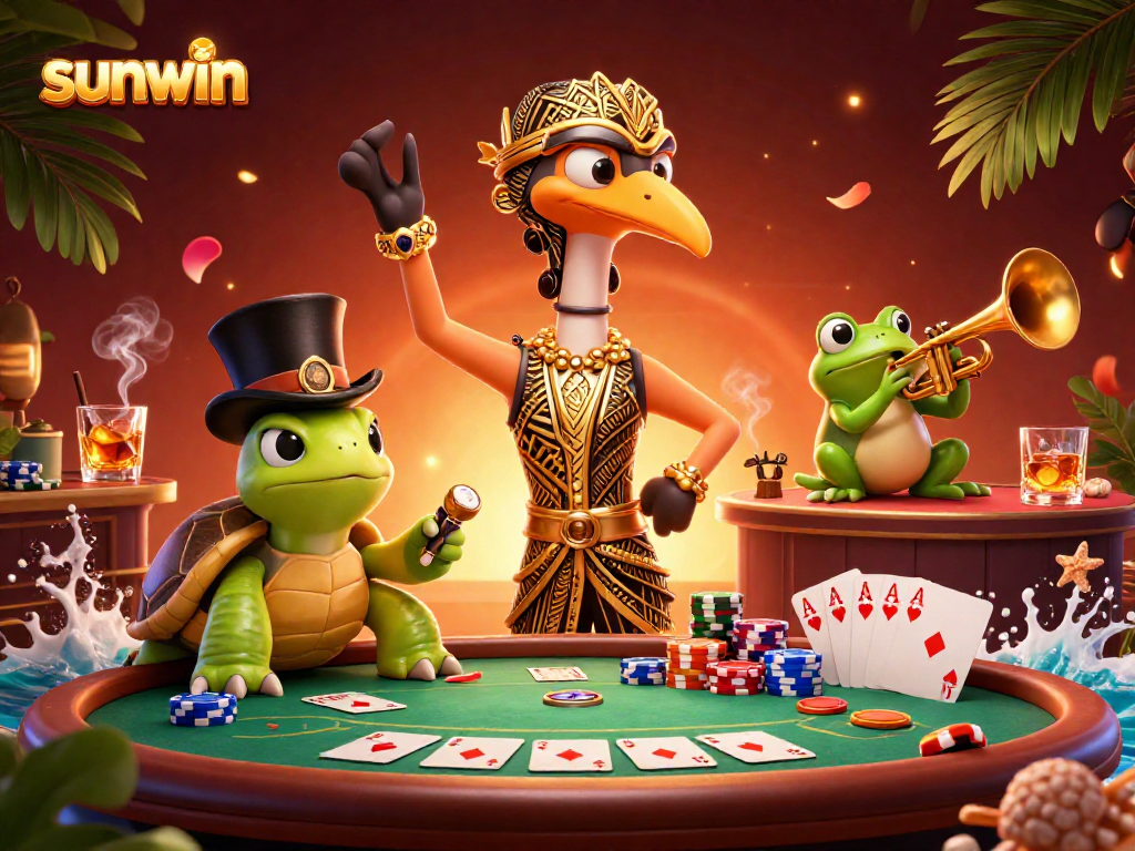 Experience winning moments at sunwin casino, showcasing vibrant poker night with dynamic characters.