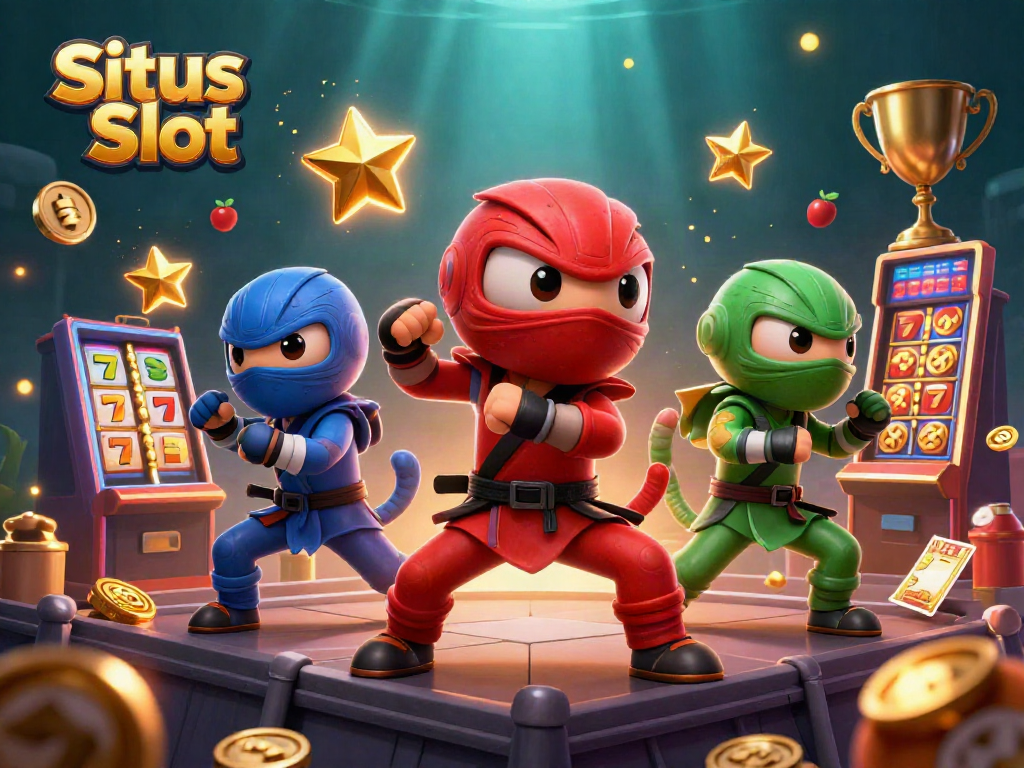 Experience the thrill of Situs Slot with dynamic ninja chameleons in a vibrant casino scene.