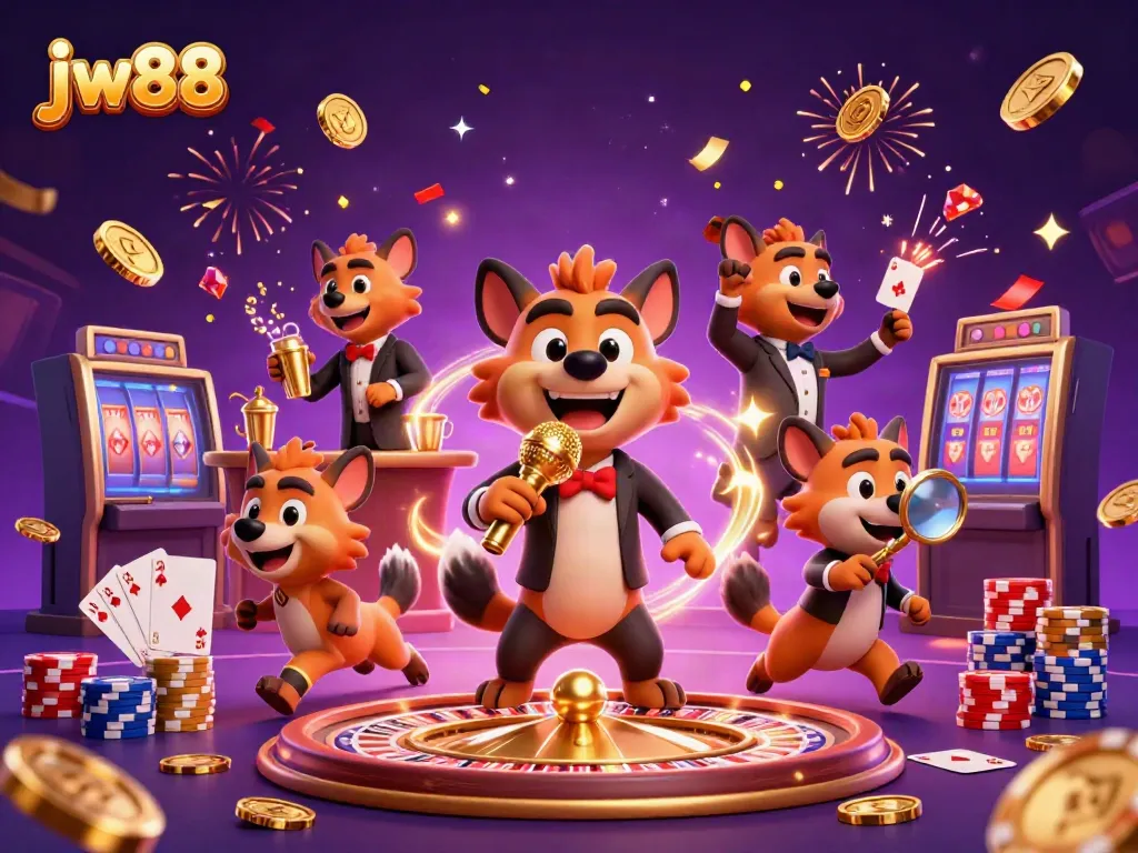 Experience the vibrant atmosphere at jw88 casino with hyenas offering comedy and drinks amidst golden coins and excitement.