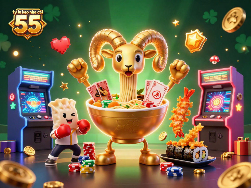 Engage with ty le keo nha cai 55 and enjoy vibrant casino-themed 3D illustration featuring characters and game elements