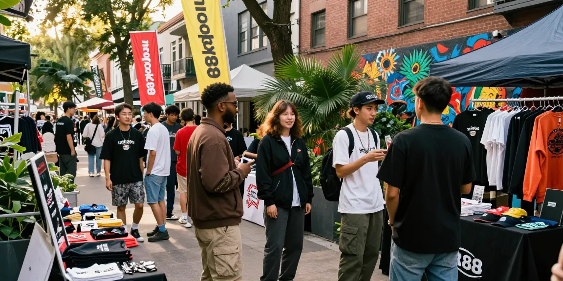 Group of young adults enjoying the rokok88 merchandise at an outdoor gathering.