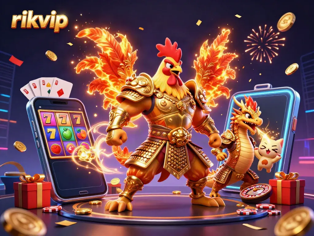 Experience thrilling casino action with rikvip in a dynamic scene featuring lucky characters and games.