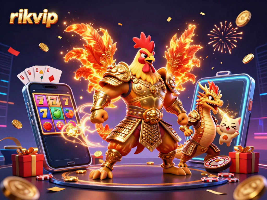 Experience thrilling casino action with rikvip in a dynamic scene featuring lucky characters and games.