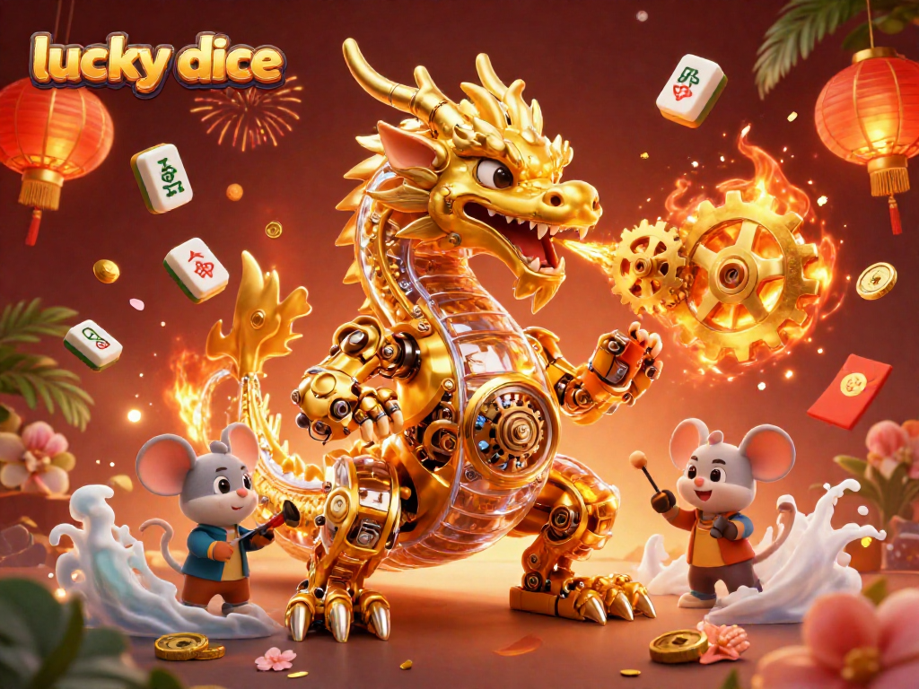 Experience the thrill of lucky dice as a dragon breathes gears and golden cogs in a vibrant casino scene.