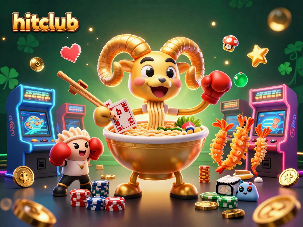 Hitclub's vibrant 3D casino scene features a golden ramen bowl dealer surrounded by arcade elements.
