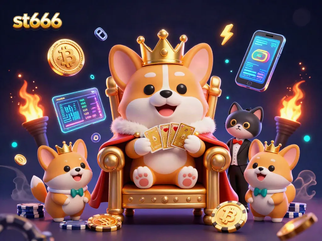 Bet on st666 with excitement as the royal corgi leads a charming casino scene filled with Bitcoin coins.