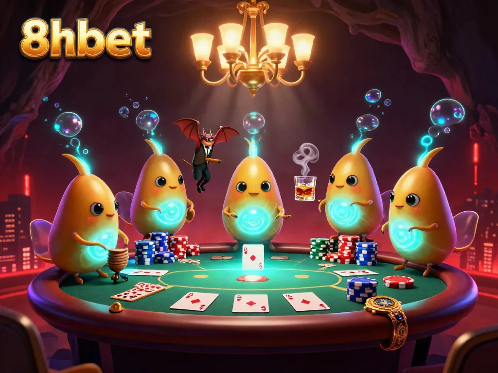 Experience the excitement of 8xbet in a vibrant 3D casino scene with glowworms and a bat dealer.