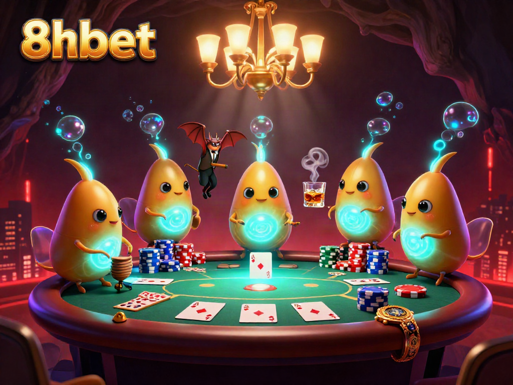 Experience the excitement of 8xbet in a vibrant 3D casino scene with glowworms and a bat dealer.