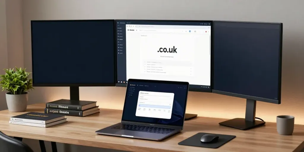 Register .co.uk domain from a professional workspace with modern tech.