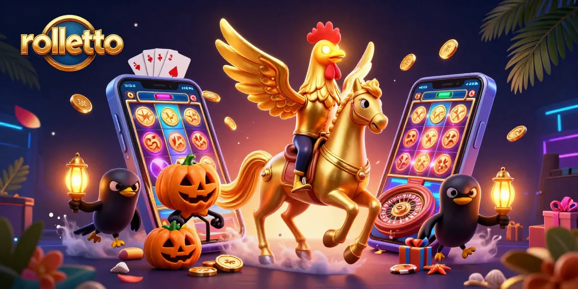 Engage with rolletto's vibrant casino ambiance featuring golden rooster and interactive gaming elements.
