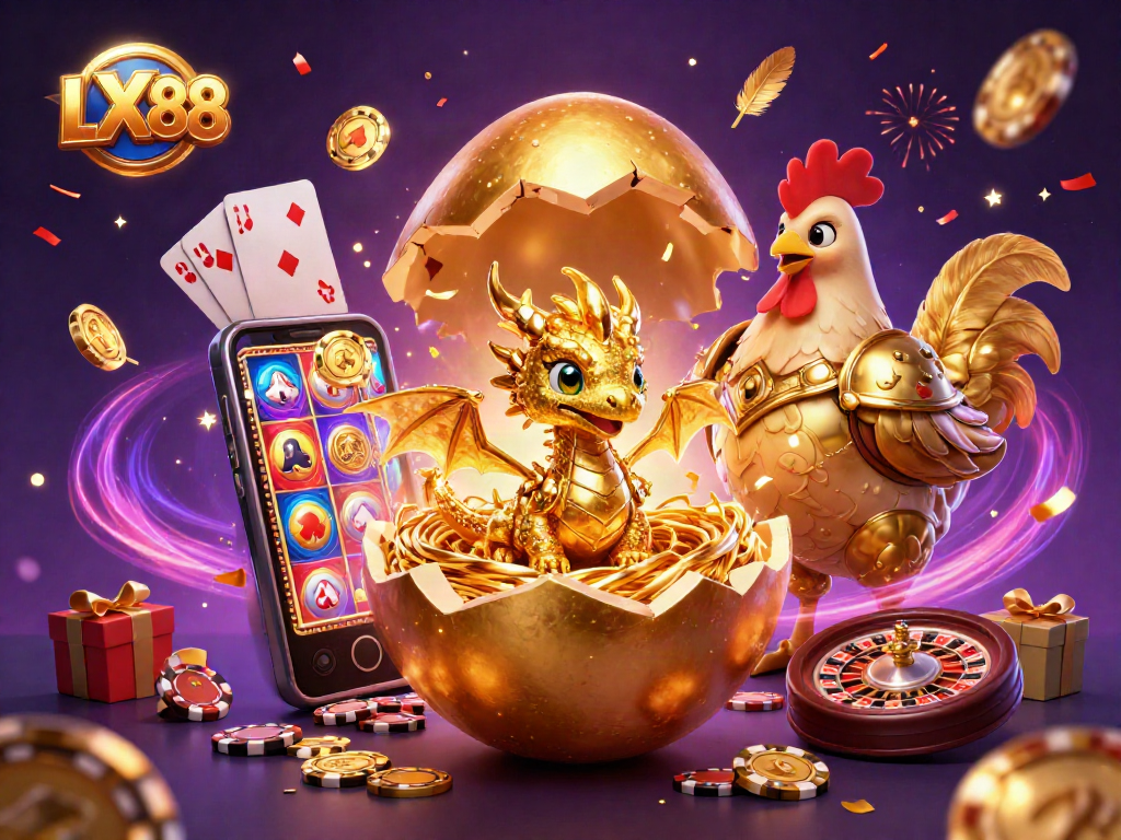 Play slots and win with LX88 in a magical casino scene featuring golden characters.