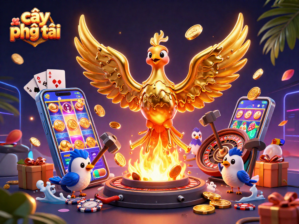 Experience the thrill of cây phát tài with stunning 3D visuals showcasing golden phoenix and slot games.