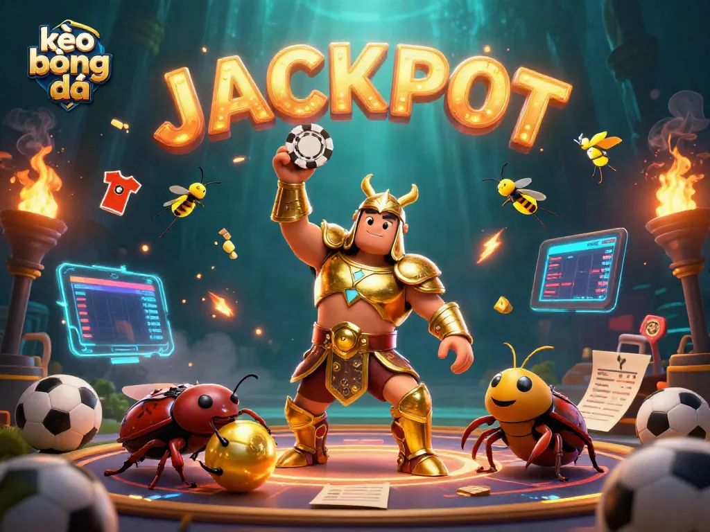 Engage with kèo bóng đá as 3D cartoon characters celebrate a betting victory while showcasing dynamic sports betting elements.