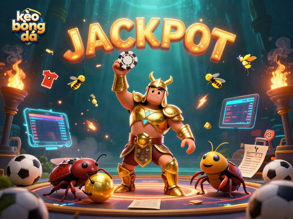 Engage with kèo bóng đá as 3D cartoon characters celebrate a betting victory while showcasing dynamic sports betting elements.