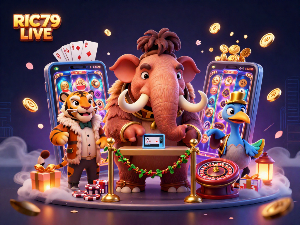 Experience RIC79 LIVE with a vibrant scene featuring a woolly mammoth bouncer and engaging games.