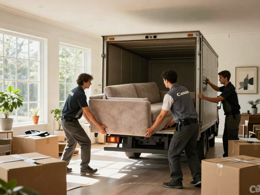 Professional furniture movers loading a sofa onto a truck, ensuring safe transport.