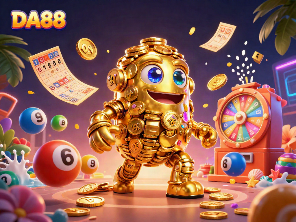 Experience DA88's engaging gaming atmosphere with a vibrant golden golem and playful effects.