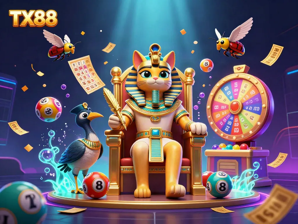 Experience the thrill of TX88 with colorful lottery balls and vibrant casino elements in a captivating scene.