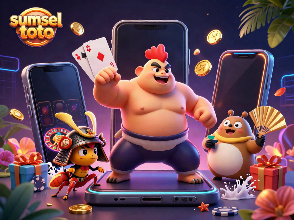 Engage with sumsel toto excitement, featuring a dynamic scene with sumo wrestler rooster, cricket, and tanuki in gambling elements.