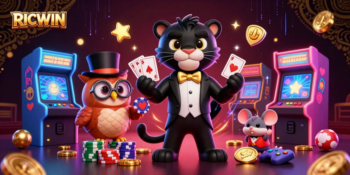Experience thrilling card gaming with RICWIN as a tuxedo panther takes the lead in the vibrant casino atmosphere.