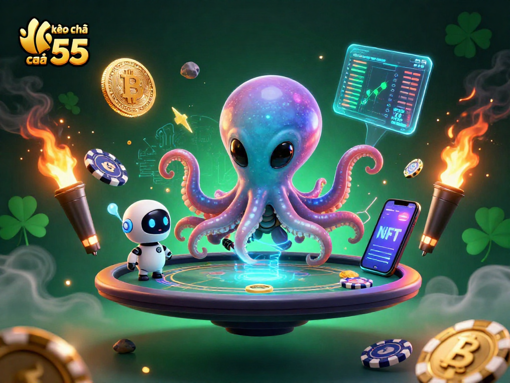 Bet on kèo nhà cái 55 with an alien octopus at a holographic poker table amidst cosmic crypto elements.