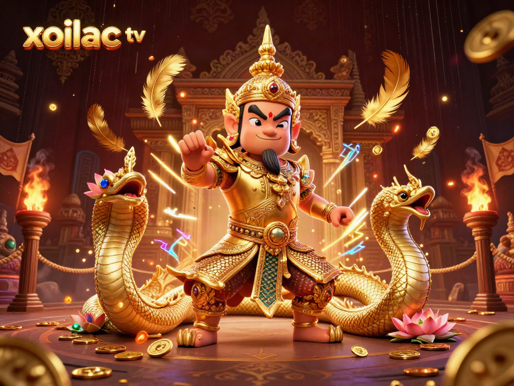 Xoilac TV features an engaging scene with a Thai temple guardian in gold armor surrounded by Naga serpents and themed gaming elements.