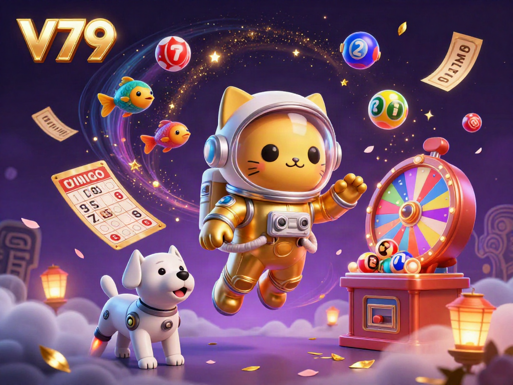V79 features an engaging illustration of a space-themed online casino adventure with a golden astronaut cat in a floating scene.