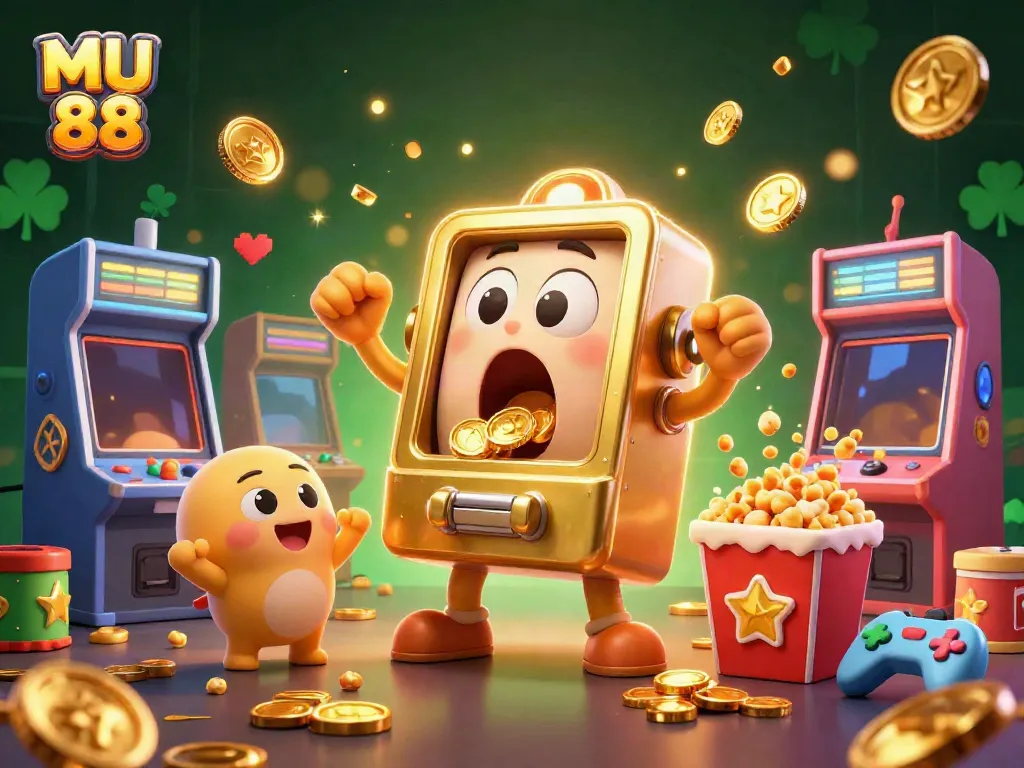 Experience the excitement of MU 88 with a jackpot-winning golden slot machine amid colorful gaming elements.